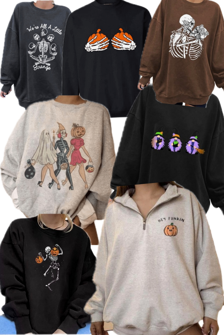 Women's Halloween Sweater - Spooky Cat & Pumpkin Face Print, Chunky Knit, Distressed Gothic Style